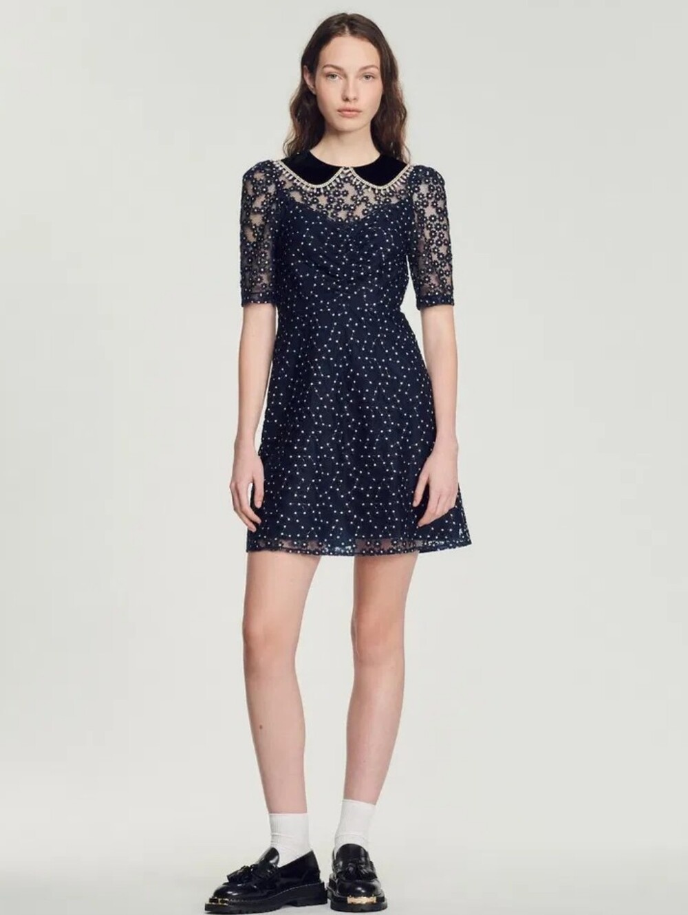 SANDRO Short Dress With Peter Pan Collar size 4(36) BNWT - Picture 1 of 16